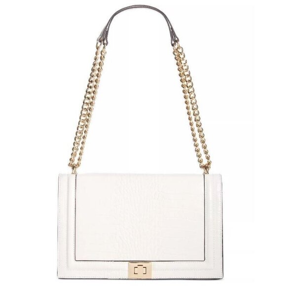 INC Ajae croc embossed faux-leather flap over crossbody shoulder bag -BONE/WHITE - Picture 1 of 16
